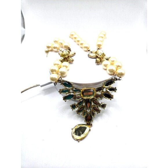 Vintage Large Bohemian Pearl and Citron Glass Teardrop Double Strand Necklace 50 - Picture 5 of 6